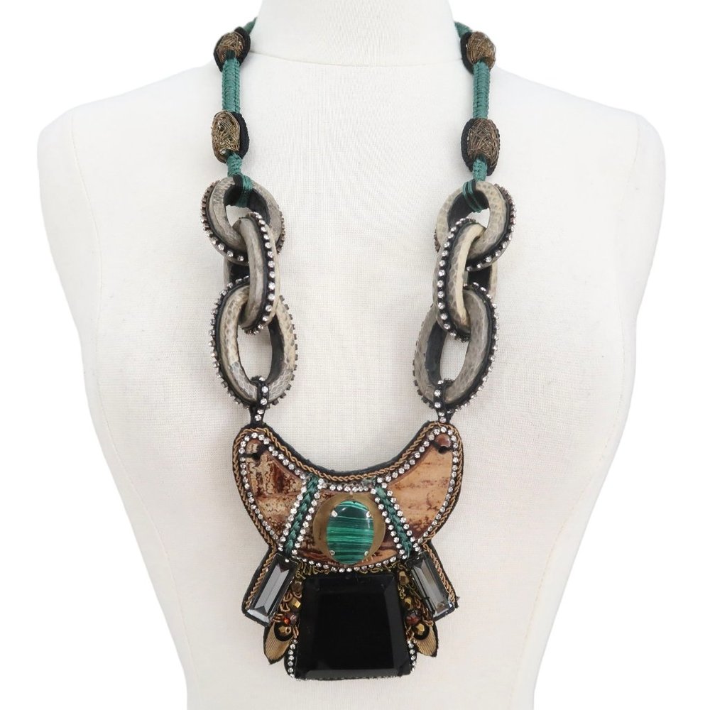 SACHIN + BABI crystal studded Malachite & leather Statement necklace